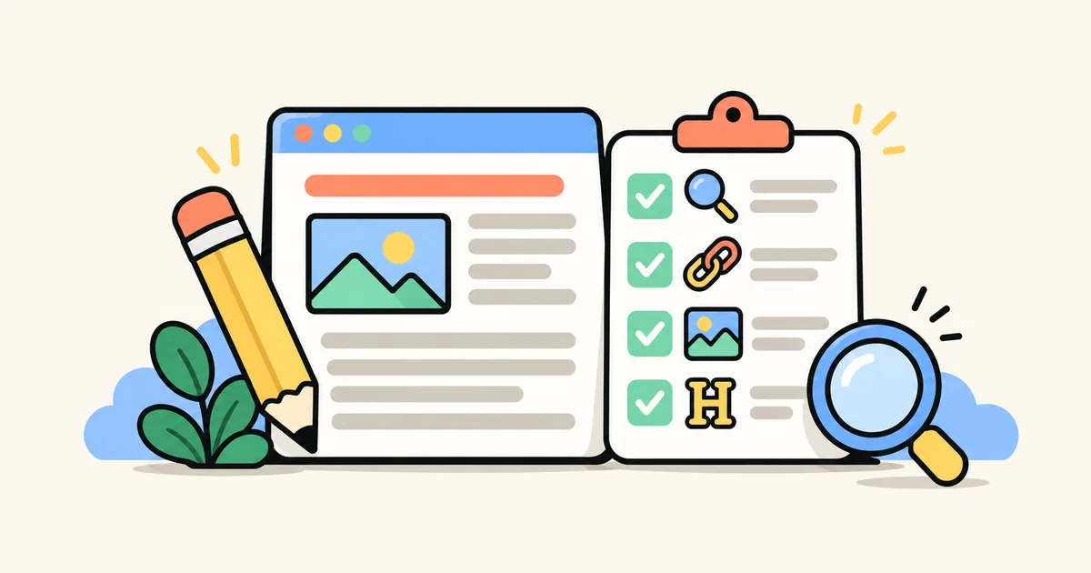 A blog page is reviewed with search, link and image checks